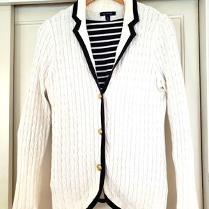 Land's End white cardigan sweater with navy piping